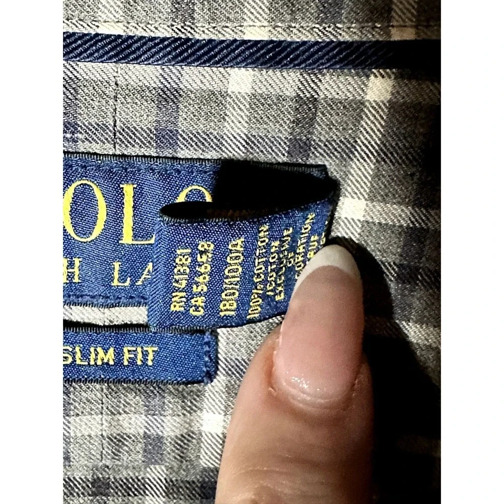 Polo Ralph Lauren Mens Slim Fit Plaid Button Down Grey White Large L Cotton